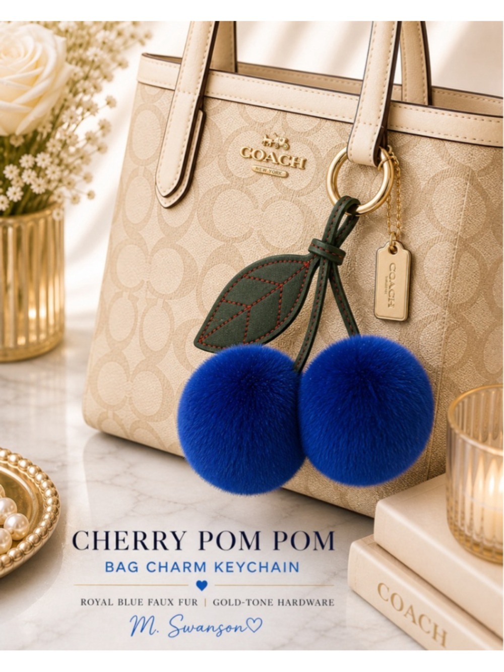NEW Plush Cherry Pom Pom Bag Charm Keychain | Faux Fur | Royal Blue